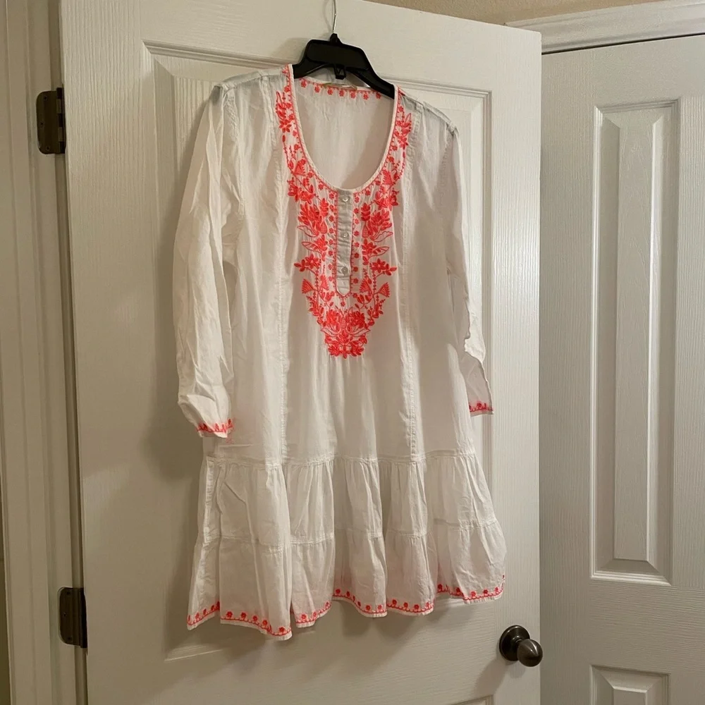 Gianni Bini White Swim Coverup with Coral Embroidery